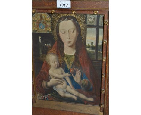 Antique oil on metal panel, portrait of the Madonna and child, with view of a landscape through a window beyond, Gothic oak a