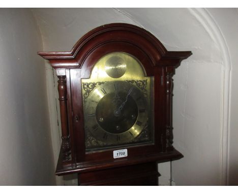Mid 20th Century mahogany Grandmother clock with a brass dial, silvered chapter ring, Arabic and Roman numerals and a three t