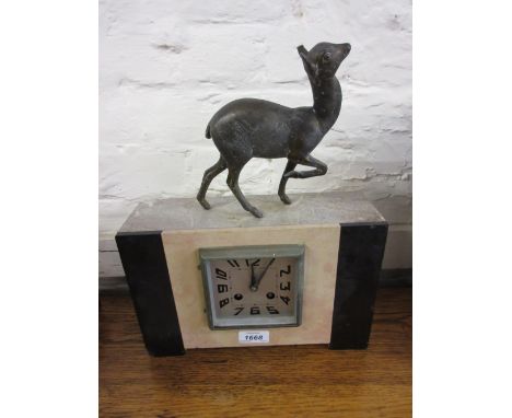French Art Deco marble mantel clock mounted with a figure of a deer (at fault)