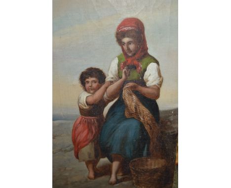Oil on canvas, fisherfolk mending nets, signed Jourdain, together with an oil on canvas, figure playing a harp