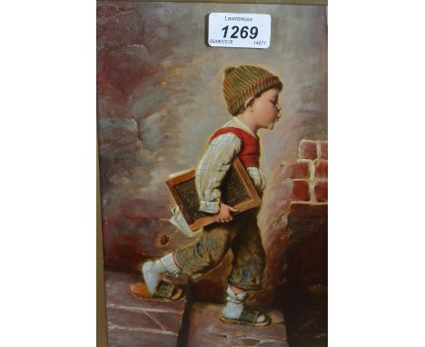 Pair of oils on print base, Italian school, boy and girl, in heavy gilt frames, 10ins x 7ins