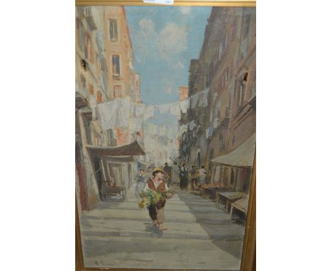 R. Pasini, pair of oil on canvas, Italian street scenes with figures, signed (at fault), gilt framed, 16ins x 11ins each