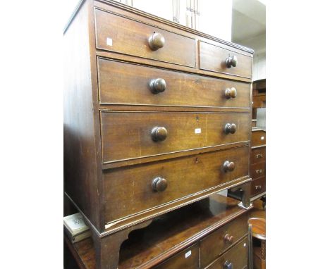 19th Century mahogany chest of two short over three long graduated drawers having knob handles raised on bracket feet