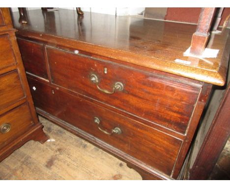 19th Century mahogany low side cabinet with a moulded top above two short and one long drawer with brass swan neck handles an