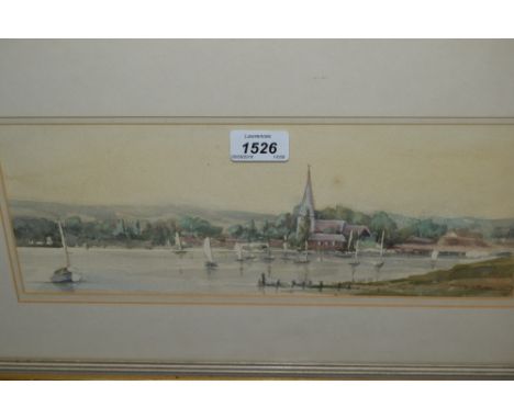 R. Juston, watercolour, river scene with sailing boats and distant church, another watercolour, estuary scene, pair of gilt f