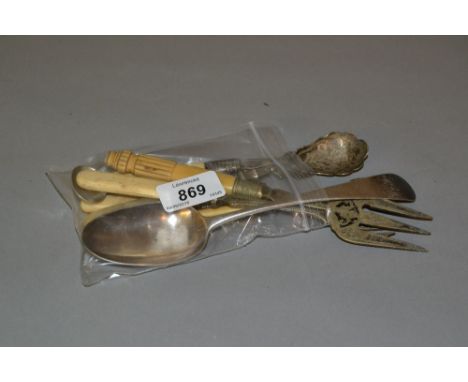 London silver tablespoon, silver mustard spoon, silver mother of pearl handled fork and various silver plated servers