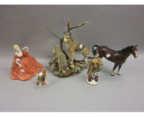 Royal Doulton figure of a horse, a Goebel figure of a bird, Continental figure of a trumpet player, Coalport figure of a lady