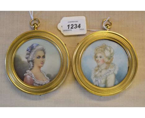 T. Roche, watercolour, portrait miniature of a lady wearing a lace trimmed dress and pearl trimmed headdress, 3ins diameter, 