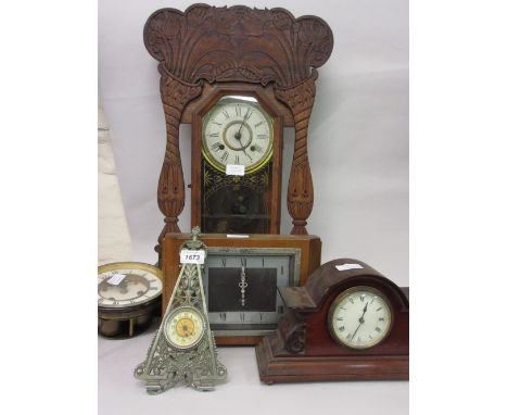 Small silver plated easel clock, mahogany mantel clock, Deco mantel clock, Continental oak mantel clock with carved decoratio