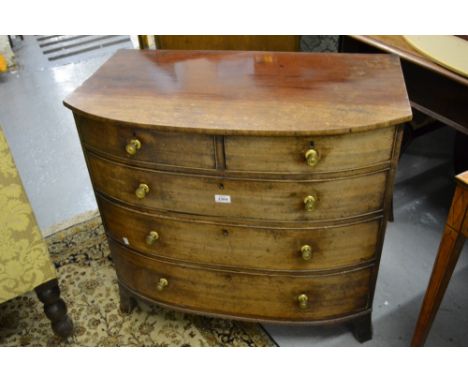 Small Regency mahogany bow front chest of two short over three long drawers with replacement brass handles and bracket feet