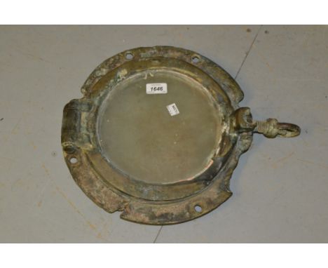 Brass porthole cover salvaged from a wreck, group of four various coal irons, carbide lamp and small oil lamp etc
