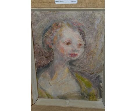 Oil on board, head and shoulder portrait of a lady, indistinctly signed and dated 1958, 8ins x 5.75ins, together with another