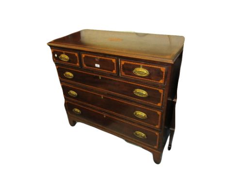 George III mahogany chevron and shell inlaid straight front chest of three short drawers above three long graduated drawers o