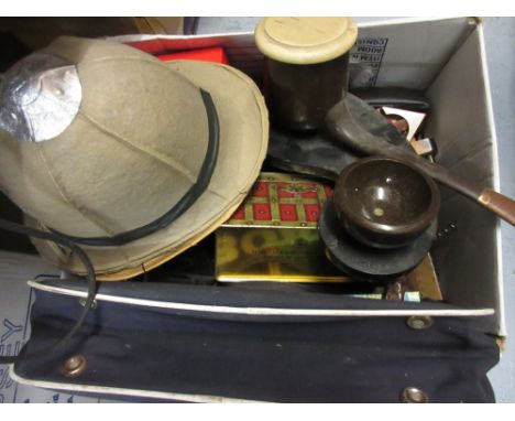 Large box containing a quantity of miscellaneous items including: tobacco jar in the form of a pipe, German tin plate cigaret