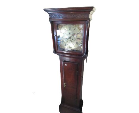 18th Century oak longcase clock, the square hood with blind fretted decoration above a rectangular panel door on plinth base,