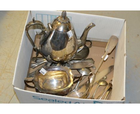 19th Century plated two handled salt, plated teapot and sugar basin and a small quantity of plated flatware