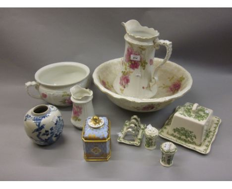 Wedgwood and Company, early 20th Century rose decorated pottery jug and basin together with a Masons Ironstone cheese dish an