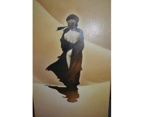 Coloured print on canvas, after Renato Casaro, nude with a cloak, from the film ' The Sheltering Sky '
