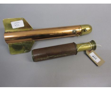 Small brass leather covered telescope marked Britannic, together with a polished brass and copper plankton sampler