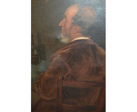 Late 19th or early 20th Century oil on canvas, portrait of a gentleman seated at a table with a glass and bottle, unsigned, 2