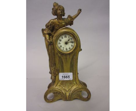 Art Nouveau gilded spelter figural mantel clock, the movement by Ansonia Clock Company, New York (dial at fault)