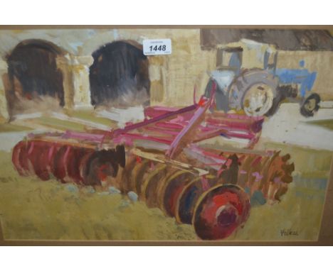 Folkes, mid 20th Century watercolour, a tractor with plough attachment in a farmyard, signed, 13ins x 20ins, framed