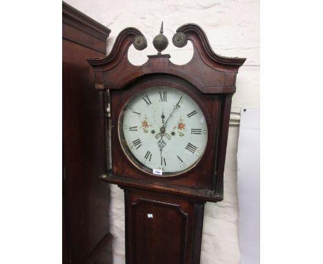 George III oak and mahogany crossbanded longcase clock, the hood with swan neck pediment and flanking pilasters above shaped 