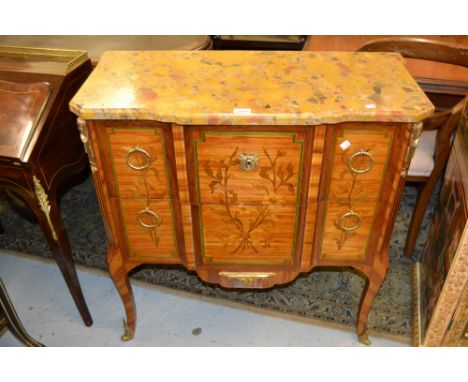 Small French rosewood floral marquetry inlaid ormolu mounted commode chest, the marble top above two drawers, raised on cabri
