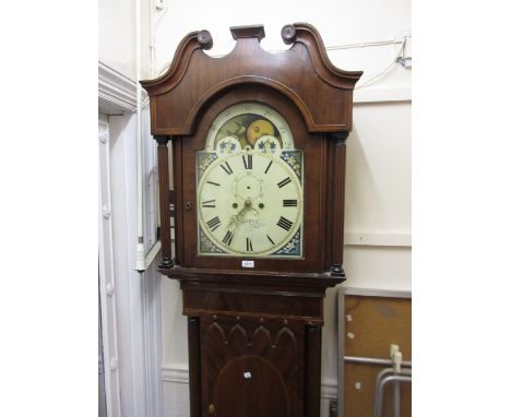 19th Century mahogany and line inlaid longcase clock, the swan neck hood with fluted pilasters above Gothic arched door and p