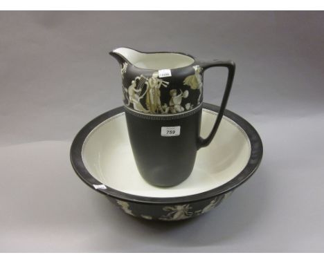 Early 20th Century Grimwades pottery jug and basin decorated with classical figures on a black ground
