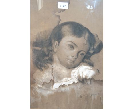 Two 19th Century charcoal studies of children together with a pair of framed portrait prints