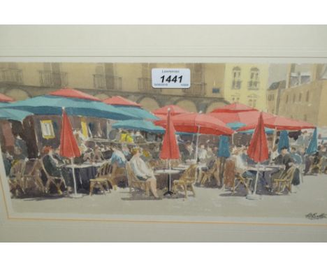 C. Button, view of a busy Continental cafe scene in Brittany, 15ins x 8ins