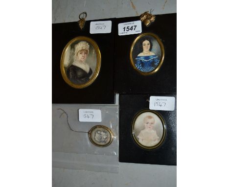 Three various 19th Century watercolour portrait miniatures, together with another double sided miniature