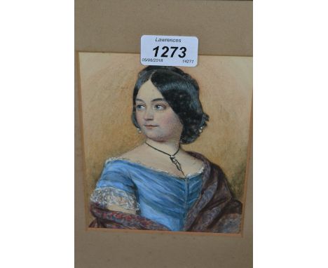 19th Century English school, watercolour, portrait of Emily Andrews wearing a blue dress, 6ins x 4.75ins