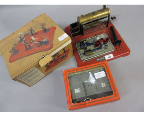 Mamod stationary engine together with a boxed Mamod workshop, boxed railway carriage and three various transformers