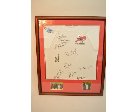 A signed and framed Star Wars T-shirt signed by various actors from the films who attended the Exe Wing Fundraiser Day on 1th