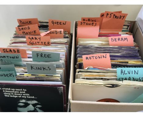 Four boxes of 7 inch singles by various artists including Bob Dylan, Jimi Hendrix, The Who, David Bowie and others.