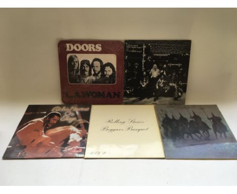 Five LPs comprising 'The Doors - LA Woman', 'Rolling Stones - Beggar's Banquet', 'Richie Havens - On Stage', 'Neil Young - Jo