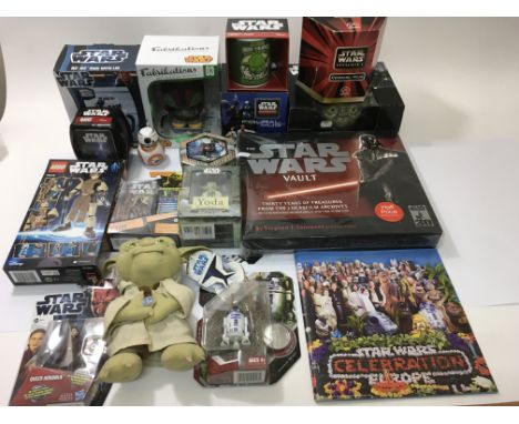 A box of Star Wars collectables including mugs, books, novelty items etc.