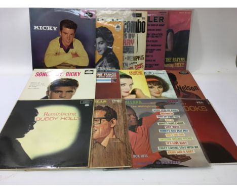 A collection of rock n roll LPs by various artists including Ricky Nelson, Bill Black's Combo, Buddy Holly, Gene Vincent and 
