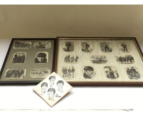 Seventeen Beatles A+BC cards in two frames plus a Beatles ceramic tile (3).