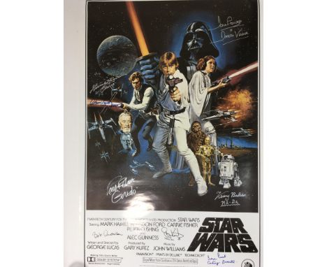 A signed Star Wars poster featuring an Episode IV A New Hope design, signed by Peter Mayhew, Garrick Hagan, Bob Anderson, Dav