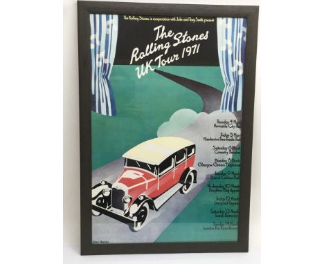 A framed and glazed Rolling Stones 1971 UK tour poster, after John Pasche, approx 57cm x 83cm.