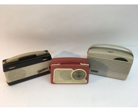 Three vintage transistor radios including a red Dansette