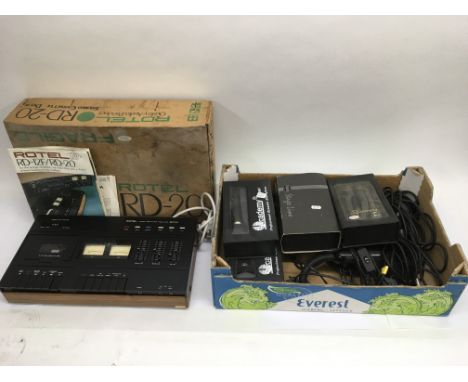 A vintage Rotel RD -20 Stereo cassette deck and a box of microphones, leads, lights etc.