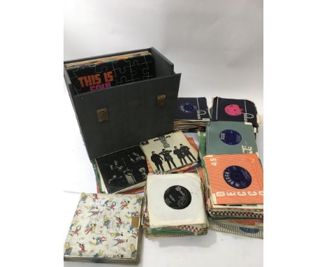 A record box and a bag containing various LPs, EPs and 7 inch vinyl records from the 1950's onwards to include The Beatles, T