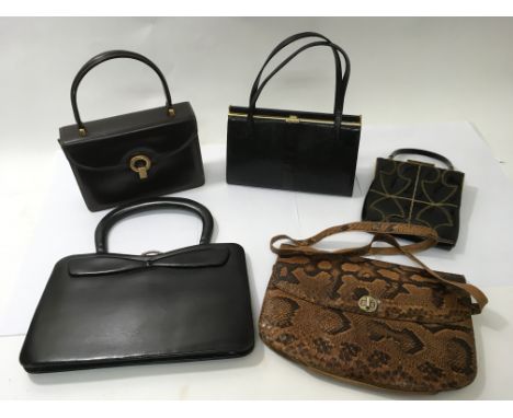 Five vintage bags including one stamped Gucci and a Mappin and Webb Kelly