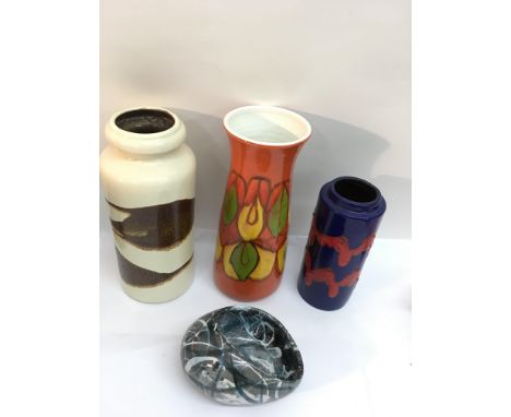 Two West German pottery vases, a Poole Delphis example an egg shaped studio pottery dish, initialled DW 1950?