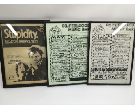 Two framed and glazed Dr Feelgood music bar gig guides, a framed and glazed Record Mirror front page from 2nd October, 1976 a