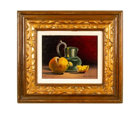 Original oil on wooden board by artist Pat Ryan who has painted a realistic sliced lemon and a pitcher in intense chiaroscuro